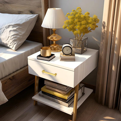 Thirty Pack Square Gold Cabinet Pulls With A Killer Brushed Brass Finish on modern white nightstand with lamp and decor.