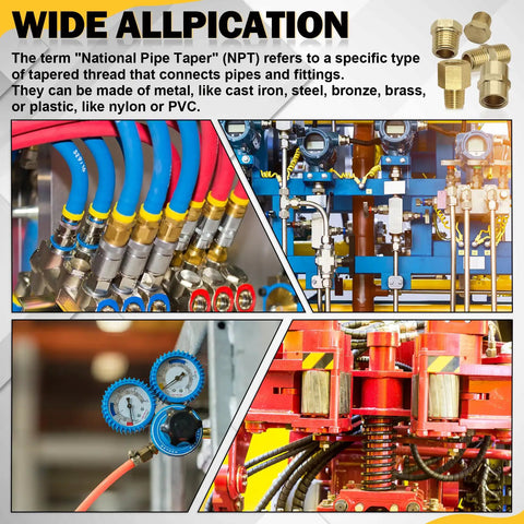90 Piece Brass NPT Pipe Fittings Kit showing couplings and bushings for DIY plumbing with gauges and colorful pipes.