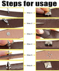 Instructional steps for using Dope 550 Piece Punk Studs And Spikes Kit on leather