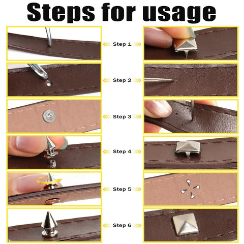 Instructional steps for using Dope 550 Piece Punk Studs And Spikes Kit on leather