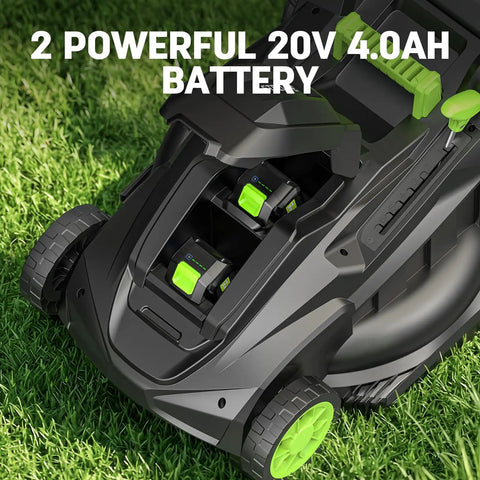 17 Inch Electric Lawn Mower With Brushless Motor showing dual 40V battery slots, black and green design on grass