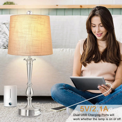Set Of 2 Touch Control Table Lamps With Dual USB Charging Ports, 3 Way Dimmable, Nickel Finish, Grey Fabric Drum Shades