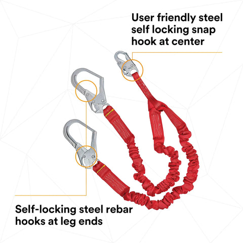Stretch Shock Absorbing Lanyard For Work Sites 6 Ft Double Leg Elastic Safety Lanyard with Steel Hooks and Snap Hook Centers Visible
