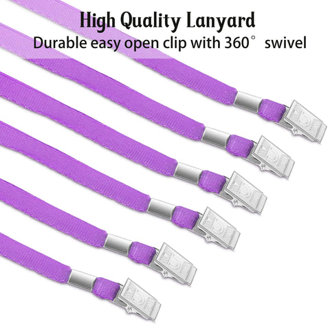 Purple Lanyards For IDs, 100 Pack, 18 Inch Polyester Lanyards With Swivel Hook And Clip showcasing easy open clips