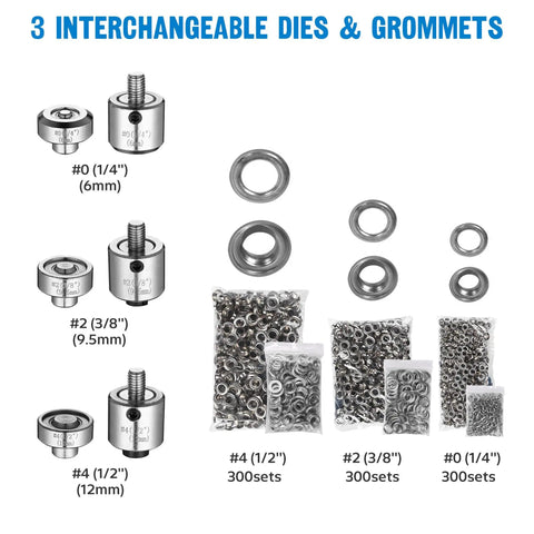 All-in-One Grommet Tool Kit With Three Dies For One Quarter Inch, Three Eighths Inch, And One Half Inch showing dies and 900 grommets