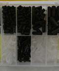 Big Assortment Of 380 Pcs Automotive Carburetor Vacuum Caps, Tees And Straight Connectors In Tough Black Plastic For Under The Hood Gains and Fixes. Assorted plastic vacuum fittings in organizer case, top view
