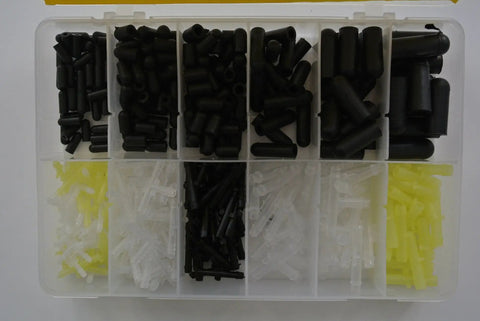 Big Assortment Of 380 Pcs Automotive Carburetor Vacuum Caps, Tees And Straight Connectors In Tough Black Plastic For Under The Hood Gains and Fixes. Assorted plastic vacuum fittings in organizer case, top view