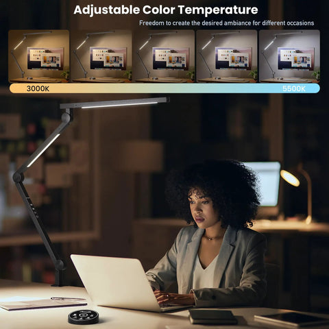 Clamp On Desk Lamp With Eye Care, Swing Arm And Stepless Dimming, Adjustable Color Temperature 3000K To 5500K in use over desk
