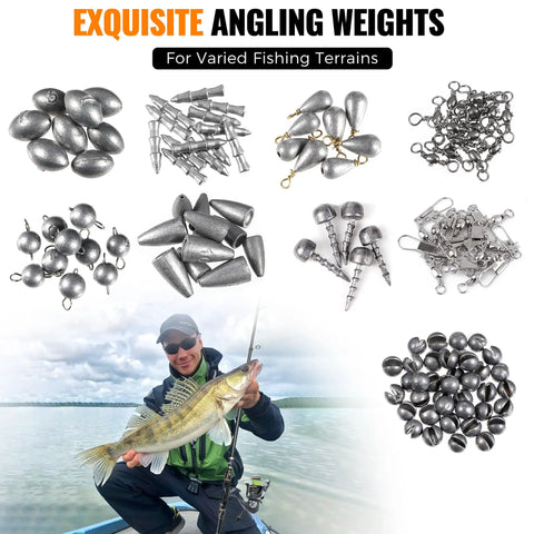 All In One Fishing Tackle Kit With Organized Tackle Box 397 Piece Gear Set Including Hooks Sinkers Swivels Beads Rigs Jigs Drop Shot Weights For Bass And Trout Ready To Fish displayed with angling weights
