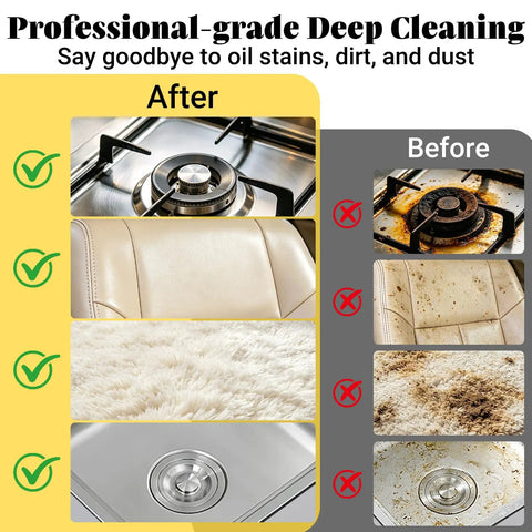 Powerful 2500W Portable Handheld Steam Cleaner With Large Capacity Tank showing before and after cleaning kitchen and upholstery.