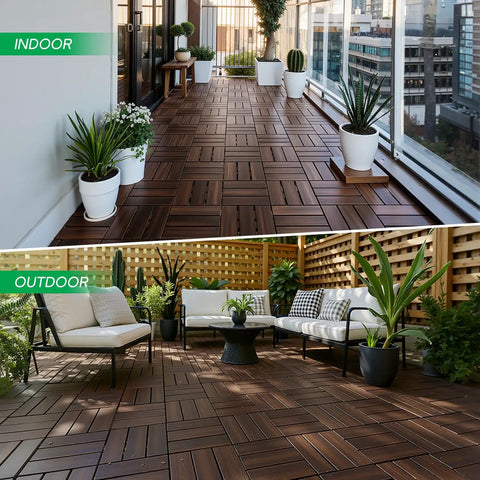 Interlocking Deck Tiles For Indoor And Outdoor Use Waterproof Acacia Wood Patio Tiles Dark Brown Checker Pattern 11.81 Inch Squares