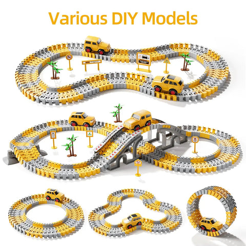Construction Race Track Toy Set For Toddlers And Boys 2 To 6 With 200 Flexible Tracks and 2 Electric Race Cars shown in loop designs