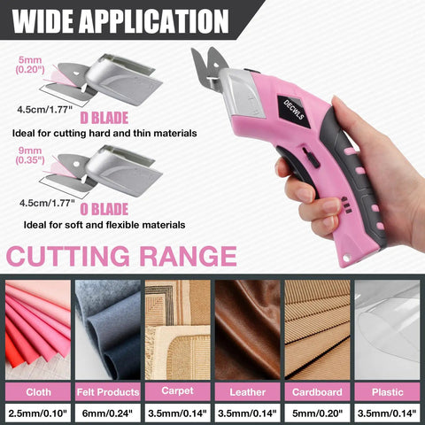 Hot 4V Cordless Electric Scissors With 3 Sharp Blades For Fabric And Cardboard cutting range and blade types for various materials.