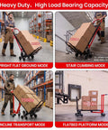 Rock Solid Heavy Duty Workhorse 1000 Pound Stair Climbing Dolly Four In One Convertible Hand Truck Foldable Moving Cart With Bulletproof Solid Wheels For Crushing Loads At Home Or Work Red in various modes carrying boxes.