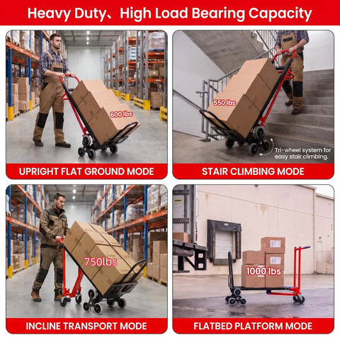 Rock Solid Heavy Duty Workhorse 1000 Pound Stair Climbing Dolly Four In One Convertible Hand Truck Foldable Moving Cart With Bulletproof Solid Wheels For Crushing Loads At Home Or Work Red in various modes carrying boxes.