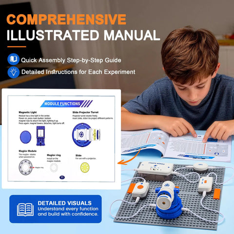 Kid Friendly Electronics Kit With 66 DIY Circuit Parts And 1200 Plus Projects Build Hands On Experiments From RGB Lights To Bluetooth Speaker Levitation Spray Module Hand Crank Generator Flying Saucer Gear Safe Fun STEM Learning manual guide with child