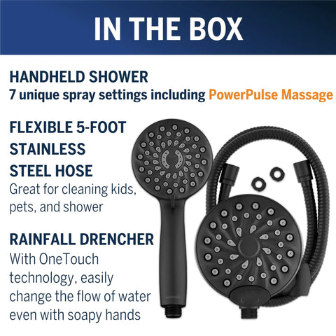 2 In 1 Dual Shower System With Rain Head And 7-Mode Handheld Shower Head Matte Black With One Touch Switching in package