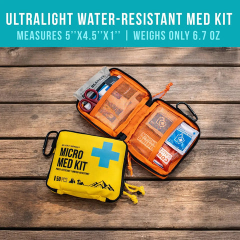 UltraLight Mini First Aid Kit Three Pack For Hiking Camping And Travel Ultralight Water Resistant Medical Kit displayed open and closed.