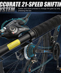 Close-up of the 21-speed shifting system on the 26 or 27.5 inch mountain bike for adults with dual disc brakes, blue accents.