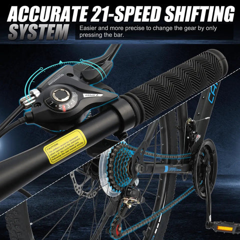 Close-up of the 21-speed shifting system on the 26 or 27.5 inch mountain bike for adults with dual disc brakes, blue accents.