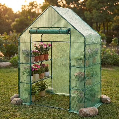 Outdoor Walk In Greenhouse 55 By 28 By 78 Inches with three tier shelves in garden, PE cover weather shield, tool free setup