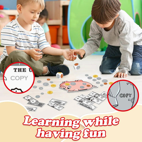 Children using Kid Friendly Money Mastery Activity Set For Learning And Hands On Pretend Play, 60 Play Bills, 60 Coins, 24 Money Puzzle Cards, 12 Double Sided Price Tags, Piggy Bank Card, 2 Dice, Guide For Kindergarten Classroom And Homeschool Math Games on a playroom floor.