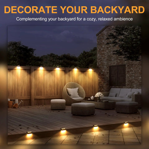 Modern outdoor patio with Six LED Solar Fence Lights Outdoor Waterproof Path Lighting For Decks Stairs Porch Balcony Walkways Garden And Yard IP65 16 Pack Warm White No Wiring, Easy Install, Super Bright Solar Powered illuminating warm white light.