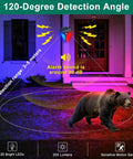 Solar Strobe Warning Lights With 90dB Alarm Outdoor 2 Pack showing detection range with bear illustration at night