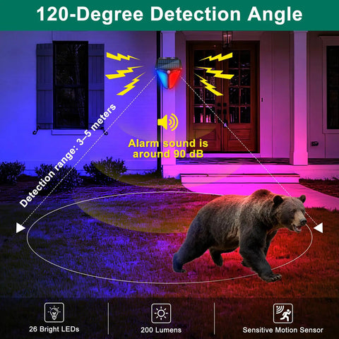 Solar Strobe Warning Lights With 90dB Alarm Outdoor 2 Pack showing detection range with bear illustration at night