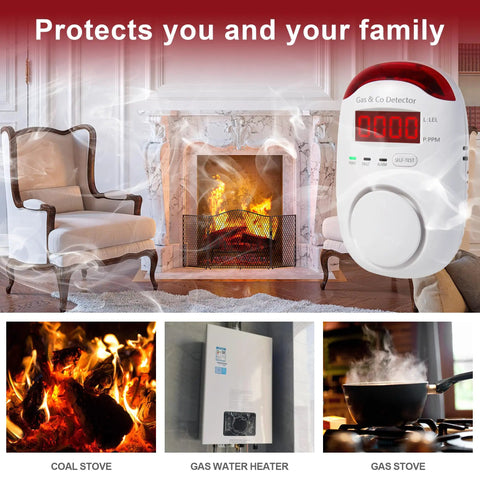 Two Pack Plug In Gas And Carbon Monoxide Detectors With LCD Display Propane And Natural Gas Sensor CO Monitor Alarm And Explosive Gas Alert For Home And RV Easy Install 2 In 1 High Sensitivity Sensor shown in a living room near a fireplace with additional images of stove, heater, and burning coal.