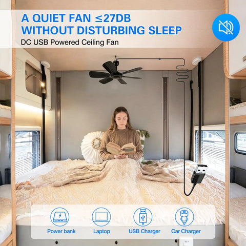 Beast Portable USB Ceiling Fan 17.7 Inch With 6 Blades Quiet 5V DC Cooling above bed in RV interior.