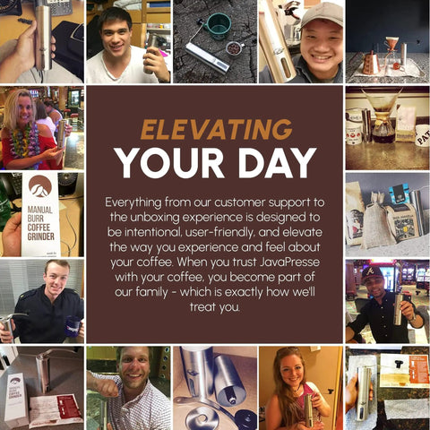Collage of people using Manual Stainless Steel Coffee Grinder With 18 Adjustable Settings for travel and espresso making.