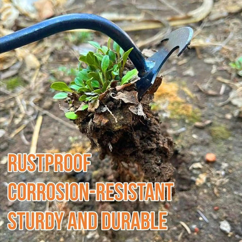 Close-up of 4 Claw Manganese Steel Weed Puller With Lever Design in action uprooting weed, showing rustproof construction in garden