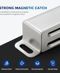Close-up of Heavy Duty 4 Pack Cabinet Magnets With 60 Lbs Concealed Magnetic Door Catch showing metal latch and silver finish.