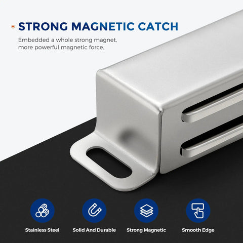 Close-up of Heavy Duty 4 Pack Cabinet Magnets With 60 Lbs Concealed Magnetic Door Catch showing metal latch and silver finish.