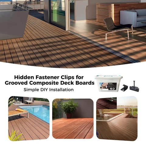 Built Solid Backyard Essential 600 Preloaded Stainless Steel Hidden Deck Fasteners Bulk Kit For Composite Board Setup Includes Starter Clips And Square Drive Bits For No Fuss Install, showing interior and exterior deck installations.