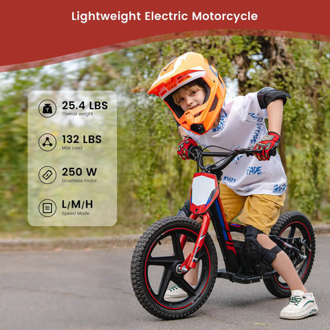 Kids Electric Dirt Bike 340W Racing Motorcycle With 24V Detachable Battery, Brushless Motor, Safe 3 Speed Modes, 16 Inch Off Road Tires, Mini Motocross Bike For Ages 5 To 12, Lightweight Yet Rugged Red, child riding