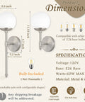 KoKo&Yukina 2 Pack Nickel Mid Century Wall Sconce Bedroom Bulb Included dimensions and specifications infographic.
