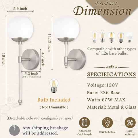 KoKo&Yukina 2 Pack Nickel Mid Century Wall Sconce Bedroom Bulb Included dimensions and specifications infographic.