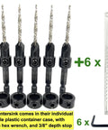 Six Piece Pro Grade Countersink Drill Bit Set With Depth Stop Collar And Tapered Bits For Woodworking Includes Hex Wrench And Storage Case For Easy Countersinks In The Shop displayed with accessories