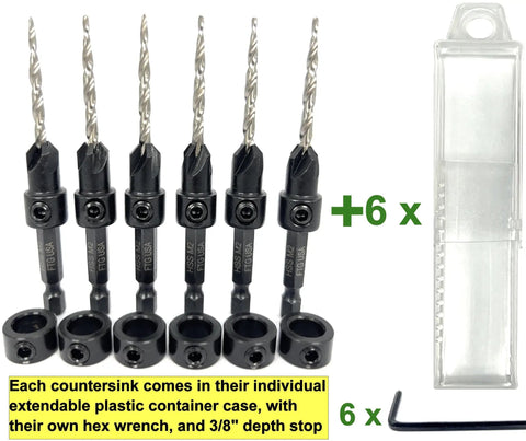 Six Piece Pro Grade Countersink Drill Bit Set With Depth Stop Collar And Tapered Bits For Woodworking Includes Hex Wrench And Storage Case For Easy Countersinks In The Shop displayed with accessories