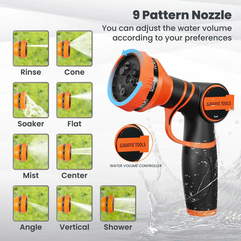 Nine function sprayer nozzle for Retractable Hose Reel 1/2 Inch By 65 Feet Heavy Duty Water Hose Reel with spray patterns.