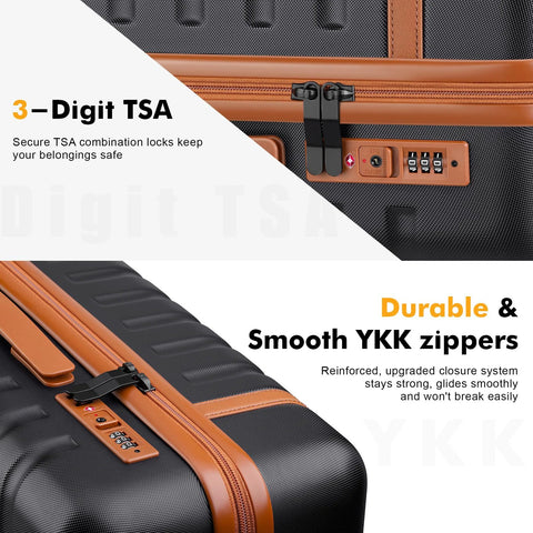 Close-up of black luggage showing TSA lock and YKK zippers from Lightweight 3 Piece Luggage Set With Spinner Wheels From Velaybor.