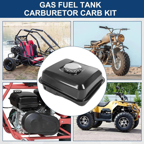 Fuel Tank And Carburetor Kit For 212cc 196cc Go Kart Mini Bike Engines Six Point Five HP GX160 GX200 Coleman CT200U BT200X KT196 Baja Warrior Massimo MB200 Black, shown with go-kart and mini bike applications.