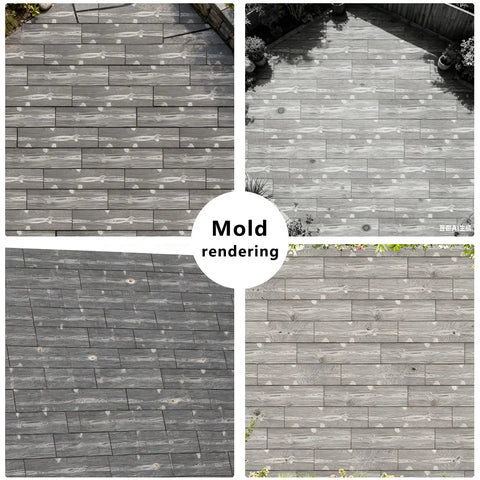 Wood Grain Concrete Stamp Set for realistic stone wall texture, shown installed in outdoor patio. Multiple patterns displayed in grid.