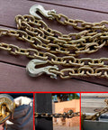 Three Eighths Inch Chain Hook Beefy Heavy Duty Grade Seventy Clevis Grab Hook For Trailer Towing Tow Chains Transport Use In Heavy Haul Operations Alloy Steel Pack Of Ten, showing metal hooks connected to chains on deck with close-up views in different uses