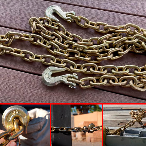 Three Eighths Inch Chain Hook Beefy Heavy Duty Grade Seventy Clevis Grab Hook For Trailer Towing Tow Chains Transport Use In Heavy Haul Operations Alloy Steel Pack Of Ten, showing metal hooks connected to chains on deck with close-up views in different uses
