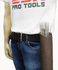 Heavy Duty Leather Welding Electrode Holder With Large Rod Pouch Fits Up To 3 Inch Belt on model with welding rods