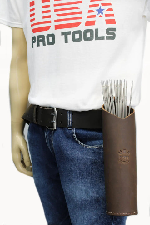 Heavy Duty Leather Welding Electrode Holder With Large Rod Pouch Fits Up To 3 Inch Belt on model with welding rods