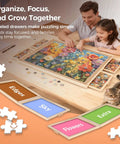 Father and daughter using Dope Rotating Puzzle Board With Four Drawers And Cover 1500 Piece Portable Wooden Jigsaw Puzzle Table